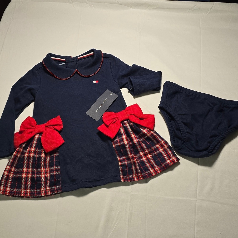Tommy Hilfiger Baby Girl 18m Navy Plaid Bow Dress Set with Diaper Cover NWT